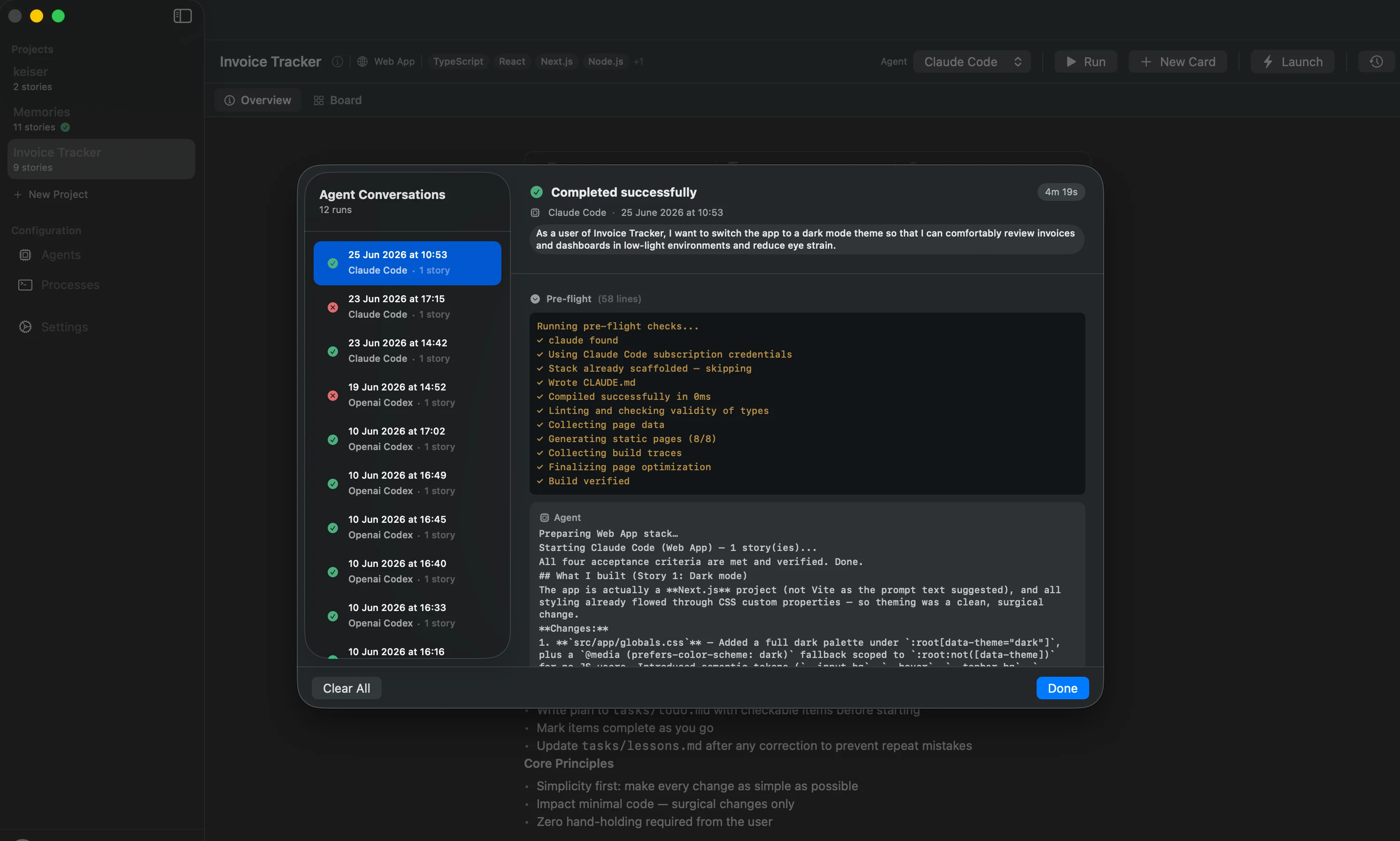 The Instify agent conversations panel showing a completed run with pre-flight checks and agent output