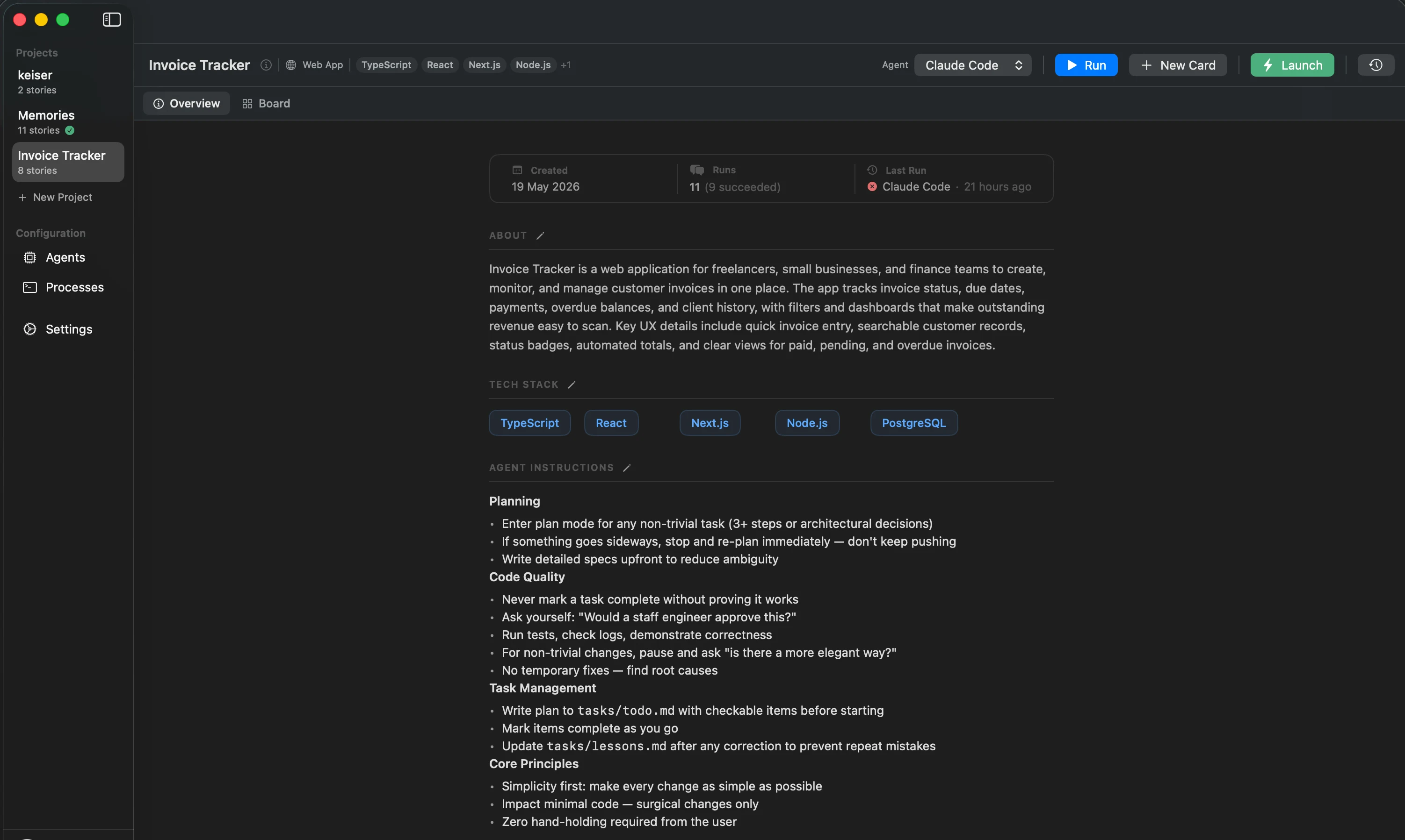 An Instify project overview with description, tech stack, and agent instructions