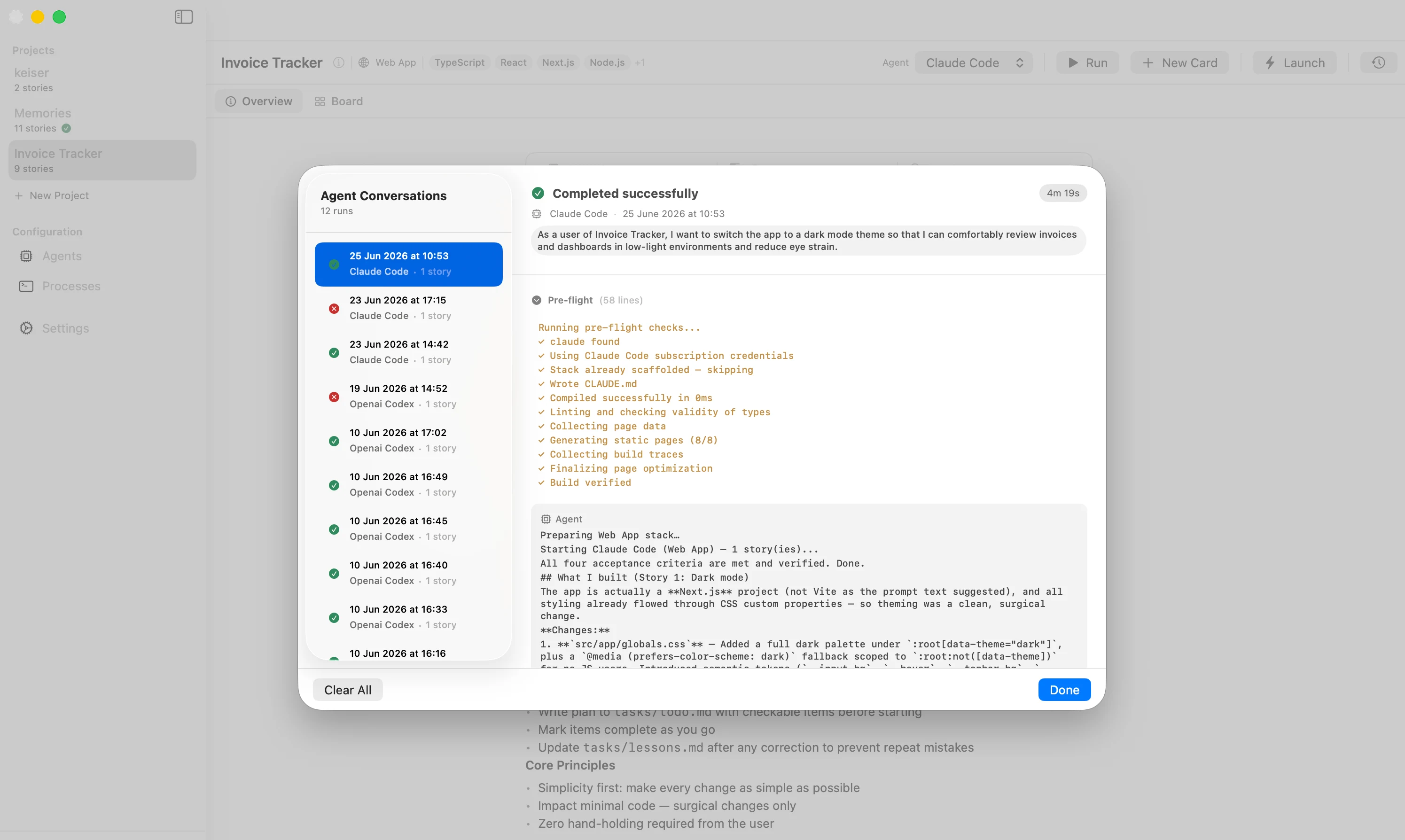 The Instify agent conversations panel showing a completed run with pre-flight checks and agent output