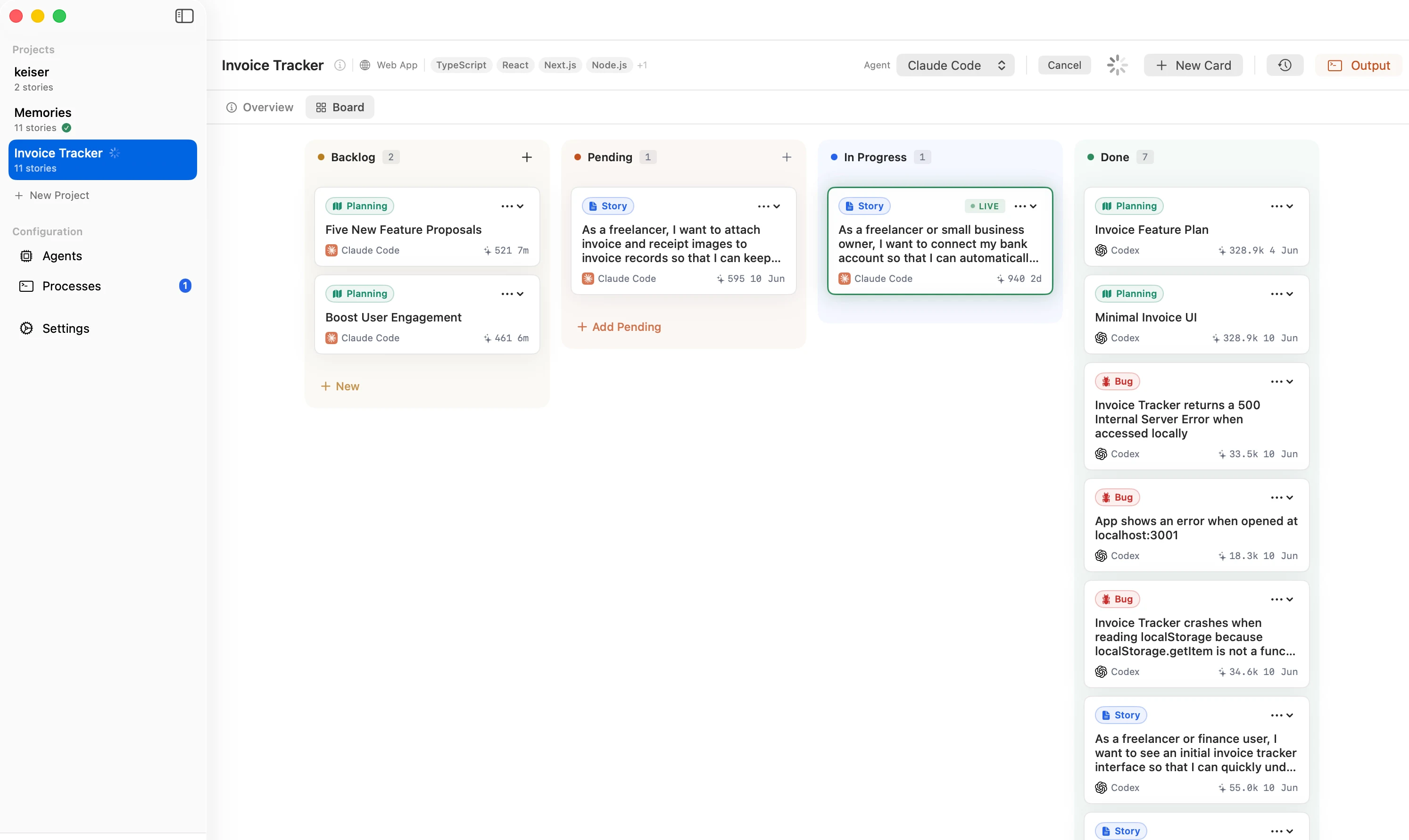 The Instify board with an AI coding agent running a story live